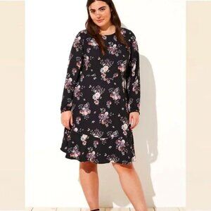 Plus Size LOFT Black Wildflower Floral Flounce Dress w/ Long Sleeves - Sz 20